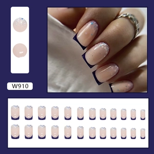 Blue French tip square press-on nails with silver glitter gradient and nude base