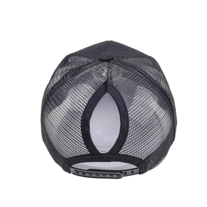 Detail view of the black ponytail trucker hat with mesh back and snapback closure