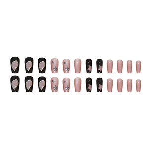 Set di 24 unghie finte Cat Eye a ballerina, glitter rosa e nero con decorazioni a stella