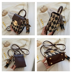 Detailed four-view of brown leather and plaid crossbody bag with golden metal hardware