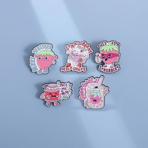 Cute Cartoon Strawberry Enamel Brooch Pin Set Alloy Pink Strawberry Milkshake Soda Jam Lapel Pin For Backpack Clothes Decoration