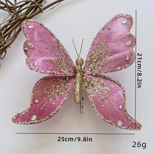 Pink and gold butterfly decorative clip with glitter showing dimensions 25x21cm