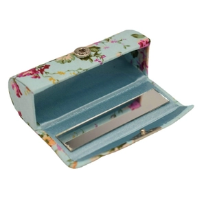 Retro light blue floral silk lipstick case with mirror and silver metal clasp