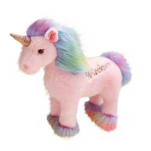 Pink unicorn plush toy with rainbow mane and golden horn featuring Wisdom embroidery