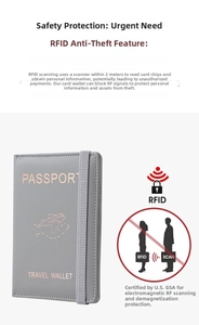 Detail view of grey PU leather passport cover with RFID blocking and elastic strap