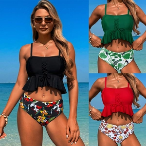 Maillot De Bain Tankini Femme Nylon Ourlet À Volants Laçage Avant Taille Haute Imprimé Floral Tropical Plage