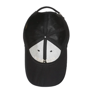 Black cotton baseball cap showing internal structure with adjustable metal buckle closure