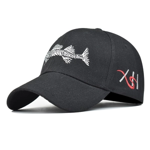 Black cotton baseball cap with 3D fish bone embroidery and side XH letter logo