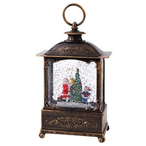 Vintage bronze Christmas lantern featuring a Santa Claus miniature with festive music and lights