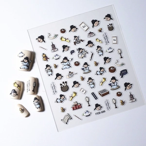 Details von wasserfesten 3D-Nagelstickern mit Comicfiguren im Stil der Tang-Dynastie