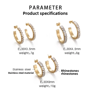 Three sizes of gold stainless steel C-shape earrings with rectangle white zircons