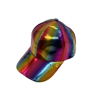 Metallic rainbow gradient baseball cap with glossy mirror finish and curved brim design