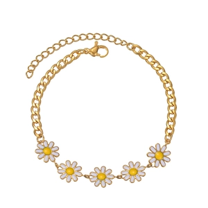 Bohemian gold daisy flower bracelet with white enamel petals and adjustable lobster clasp