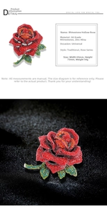 Detailed size view of luxury red rhinestone rose brooch with 65mm width and 73mm height