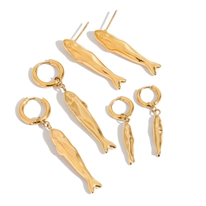 Three pairs of 18k gold plated stainless steel hammered fish earrings in various styles