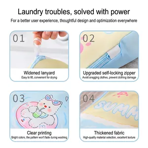 Stereo mesh laundry bag with bear print featuring self-locking zipper and handle
