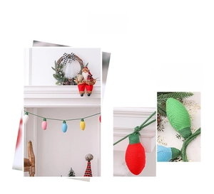 Detailed close-up of handmade colorful crochet mini light bulb garland for Christmas decor
