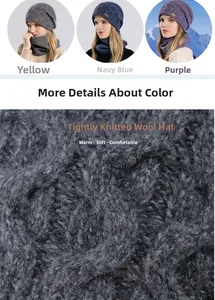 Detailed close-up of thick knit winter hat and scarf set showing warm plush lining