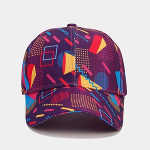 Close-up of geometric Memphis style patterns on a purple graffiti baseball cap