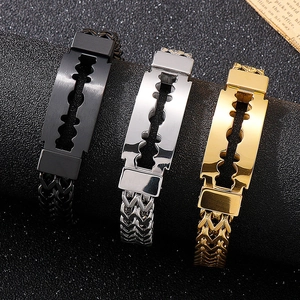Three punk style stainless steel razor blade bracelets in gold silver and black finishes