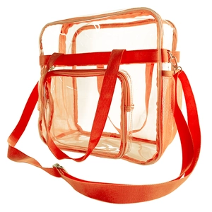 Detailansicht der transparenten PVC-Tasche mit orangem Saum, Reißverschlussfach und Gurt