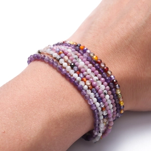 Multi-wrap natural stone beaded bracelet with amethyst and colorful agate on model