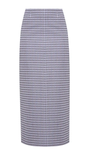 Vue détaillée d'une jupe mi-longue violette à taille haute avec motif vichy classique