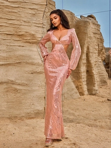 Sequin Maxi Evening Dress Deep V Neck Long Sleeve Cut Out Waist Backless Mermaid Prom Gown For Women Elegant Shiny
