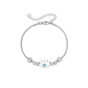 Macro detail of silver stainless steel snake chain bracelet with evil eye charm