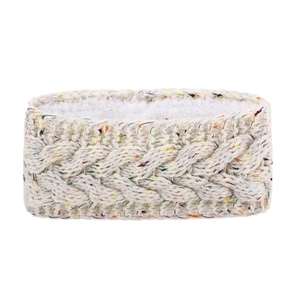 Detail of cream cable knit headband with colorful speckles and warm fleece lining