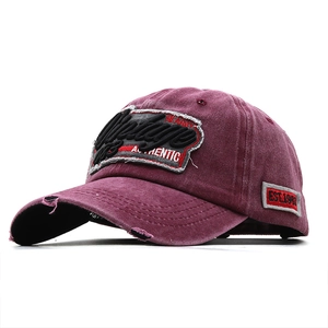 Vintage burgundy washed cotton baseball cap with 3D embroidery and distressed details