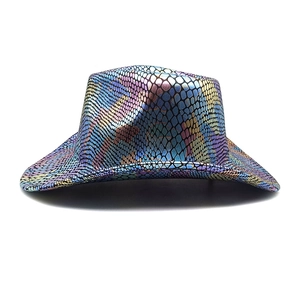 Macro shot of colorful holographic cowboy hat featuring a shiny snakeskin scale texture