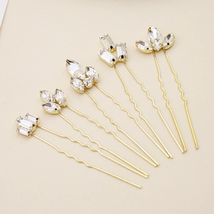 Lot de 6 épingles à cheveux de mariée dorées avec strass marquise et cristaux