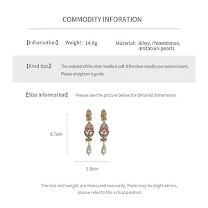 Detailed sizing chart and specifications for waterdrop pearl and rhinestone earrings