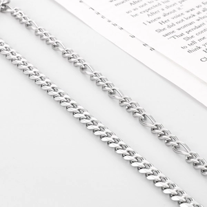 Minimalist silver stainless steel cuban and figaro mixed chain necklace for men