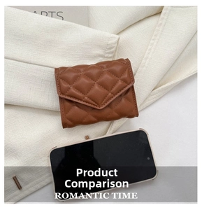 Brown quilted mini wallet size comparison with smartphone showing compact dimensions