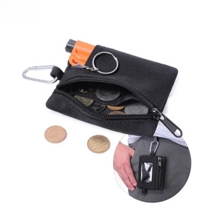 Tactical nylon EDC pouch with metal carabiner and key ring shown in a close-up detail