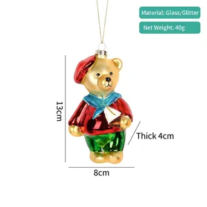 Detailed view of glass Christmas bear ornament with dimensions 13x8cm and glitter finish