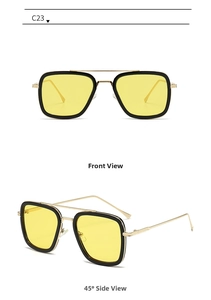 Front and 45-degree side views of gold metal aviator sunglasses with yellow lenses