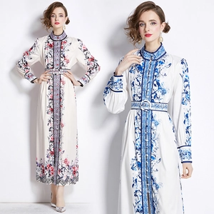 Elegant Floral Print Maxi Dress Long Sleeve Stand Collar Single Breasted Vintage Palace Style With Belt For Women