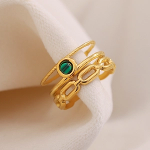 18K gold plated multi-layer stainless steel ring with green malachite stone inlay