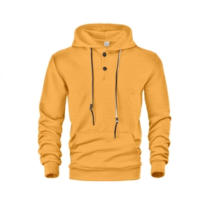 Men's yellow hooded sweatshirt with jacquard texture and button neckline detail