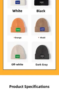 Detailed grid display of knitted beanies in six colors with a minimalist brand patch