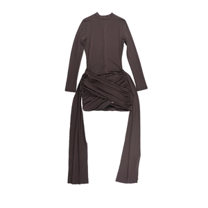 Detail of dark brown long-sleeved slim dress featuring ruched waist and long waist ties