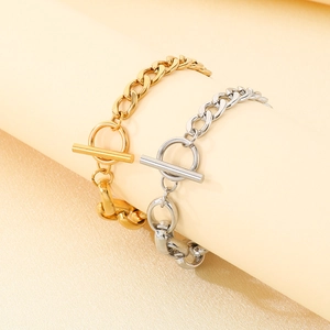 18k gold and silver stainless steel heart toggle bracelets with chunky Cuban chain link