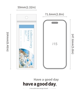 Size comparison of a 164mm travel landscape sticker book next to an iPhone 15