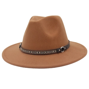 Detail of camel wool fedora hat with ethnic geometric band and silver metal buckle