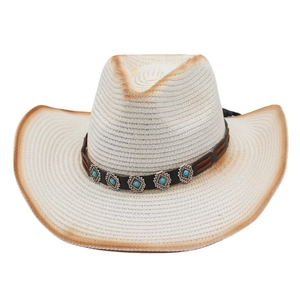 White straw cowboy hat with burnt edges and turquoise metal studs on black leather band