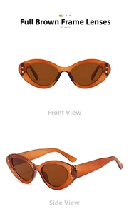 Close-up of tea-colored cat-eye sunglasses with star accents in front and side views