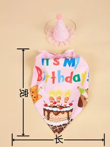 Pink pet birthday set featuring dog bandana and sequined hat with size measurements